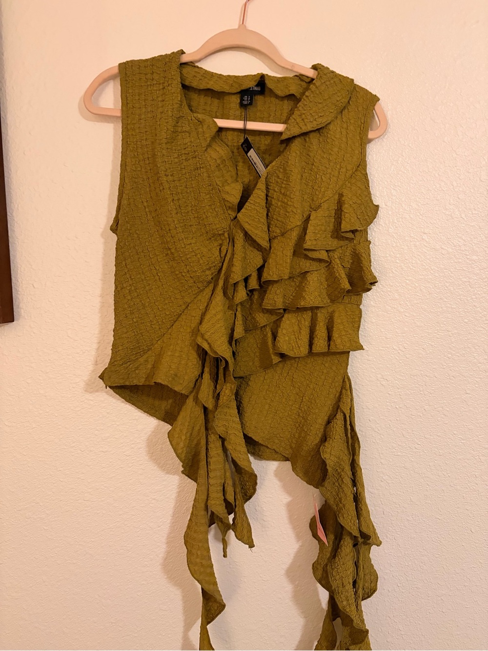 PrettyLittleThing Olive Textured Ruffle Asymmetric Long Top – US Size 10 – NWT
